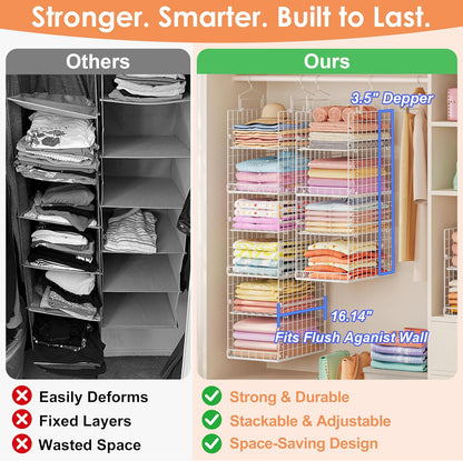 8-Tier Extended Depth Hanging Closet Organizers and Storage for Closet System, Stackable Closet Shelves with 4 Adjustable Dividers for Clothes Sweaters Purses, Wire Hanging Basket Fits Closet Laundry