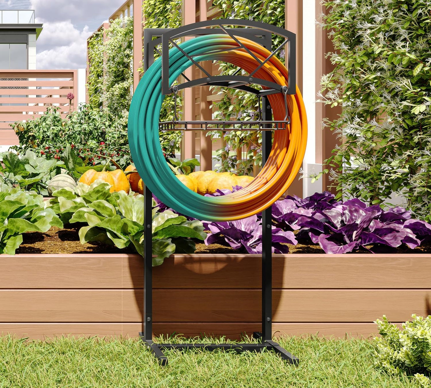 Fire Beauty Heavy-Duty Metal Hose Holder, Wall-Mounted Garden Hose Reel Organizer for Outdoor Yard, Solid Iron Decorative Hanger Storage