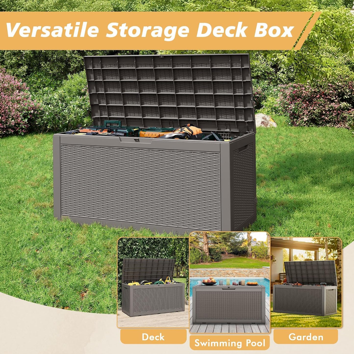 Fancyango 75 Gallon Outdoor Deck Box Waterproof, Large Storage Box for Patio, Resin Storage Bench Lockable for Garden Tools, Package Delivery, Black