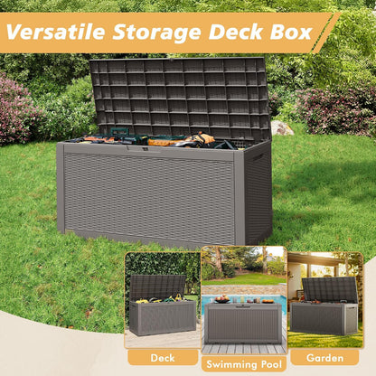 Fancyango 75 Gallon Outdoor Deck Box Waterproof, Large Storage Box for Patio, Resin Storage Bench Lockable for Garden Tools, Package Delivery, Black