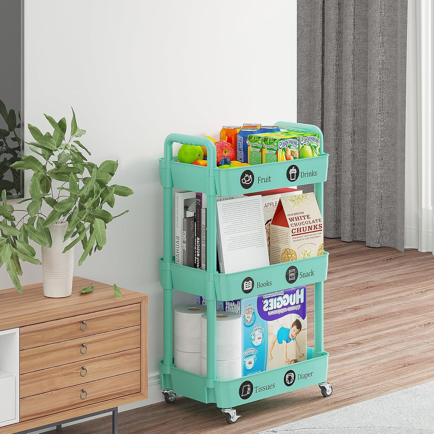 Laiensia 3-Tier Rolling Cart with Wheels,Multifunction Utility Storage Carts, Kitchen Storage Organizer,Mobile Shelving Unit for Bathroom,Laundry,with Classified Stickers,White