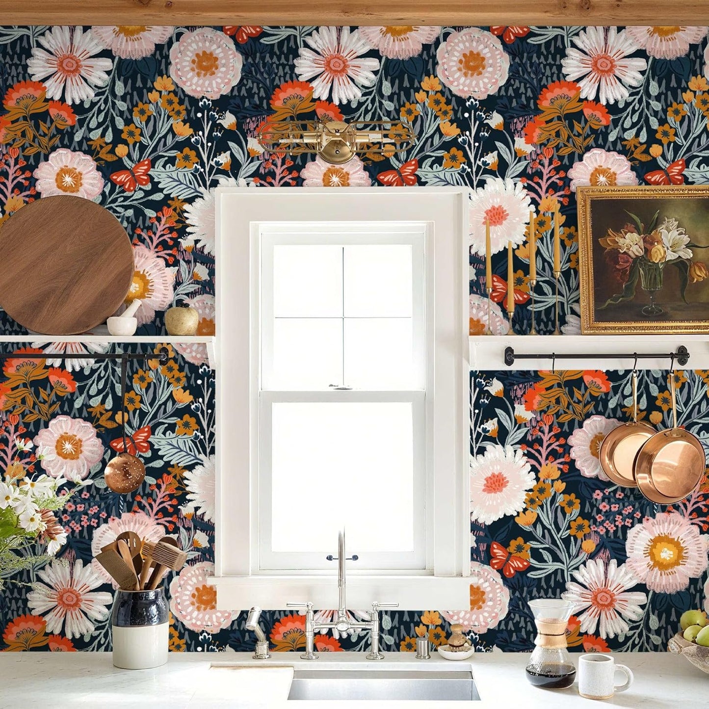 Dimoon 17.3''x78.7'' Peel and Stick Wallpaper Floral Cute Contact Paper Vintage Village Country Cottage Wallpaper Farmhouse Yellow Beige Renter Friendly Geometry Waterproof Embossed Kitchen Bedroom