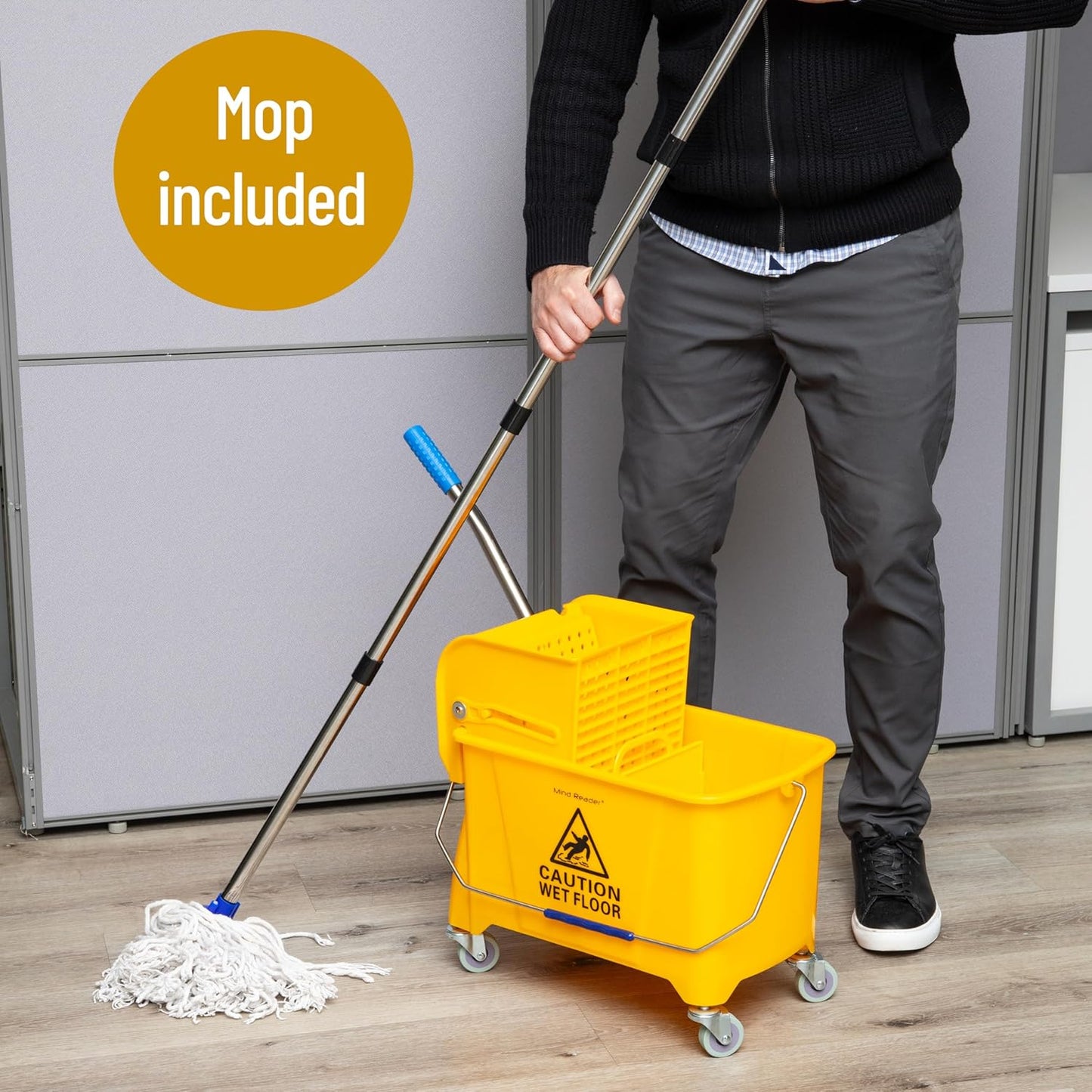 Mind Reader Mop Bucket with Wringer (Mop Not Included), 5.5 Gallon Cleaning Bucket with Wheels and Handle, Upward Press Wringer, Small Mop Compatible, Yellow