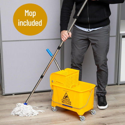 Mind Reader Mop Bucket with Wringer (Mop Not Included), 5.5 Gallon Cleaning Bucket with Wheels and Handle, Upward Press Wringer, Small Mop Compatible, Yellow