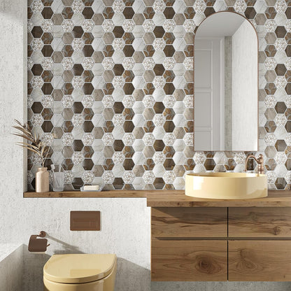 VEELIKE Boho Hexagon Peel and Stick Backsplash Tile Decals 6-Sheets Adhesive Waterproof Stick on Backsplash for Kitchen Bathroom 12''x12'' Temporary Wall Tile Stickers for Renters Laundry Fireplace