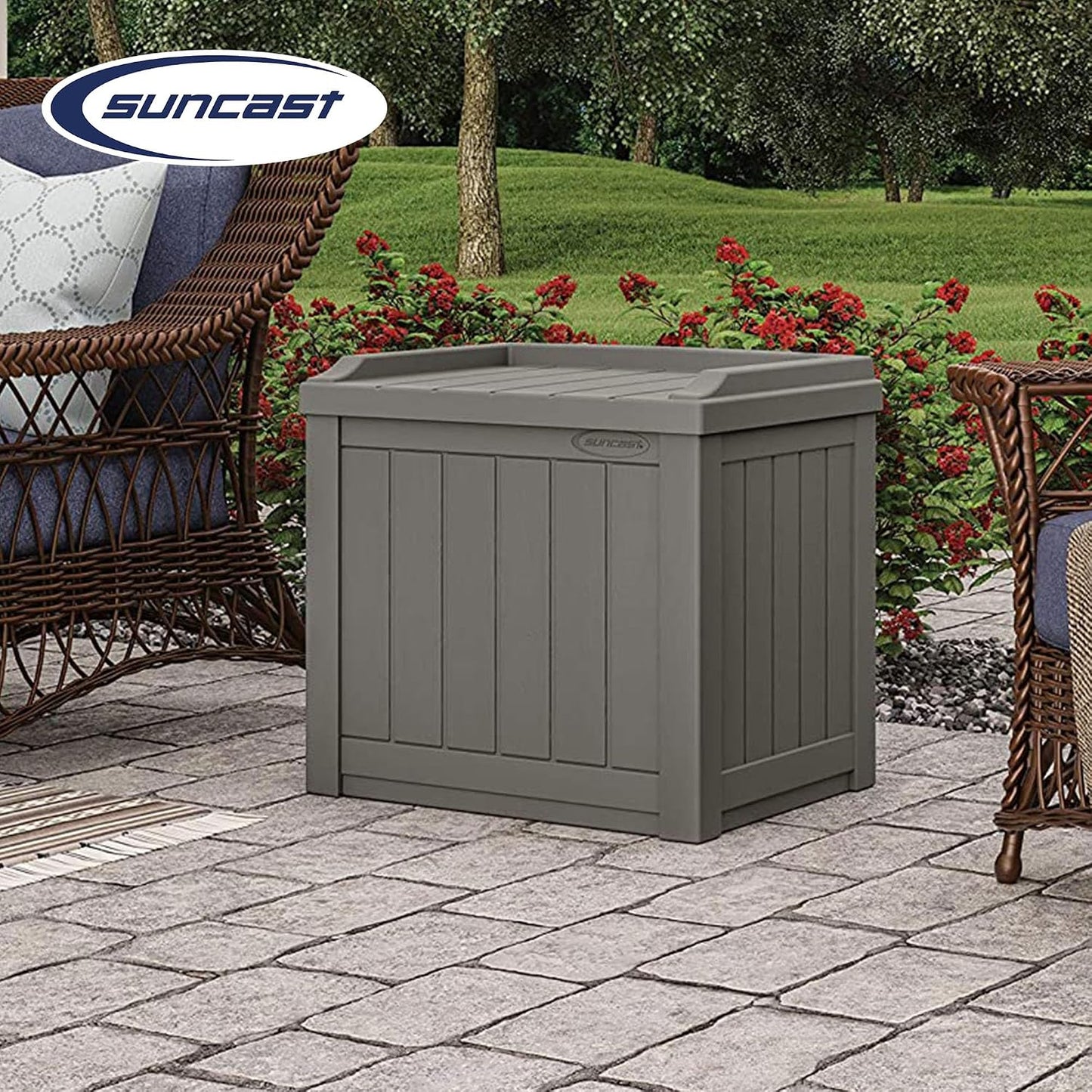 Suncast Outdoor Storage Box - 22 Gallon Stone Gray Resin Outdoor Deck Box with Seat, Weatherproof Patio Storage Bin Container for Keeping Cushions, Tools, & Towels for Pool, Yard, & Garden
