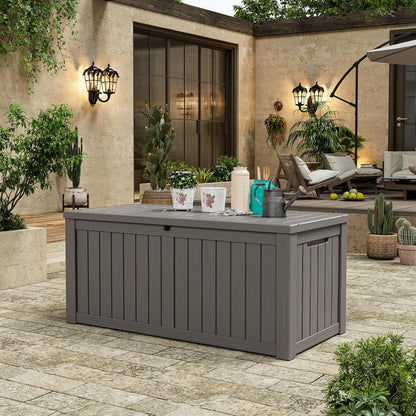 NUNU LAB Outdoor Storage Box, 45 Gallon Outside Deck Box Waterproof, Resin Outdoor Storage Cabinet With Lockable Lid, Backyard Storage Bench For Garden Tools, Patio Cushions, Pool Tools, Black