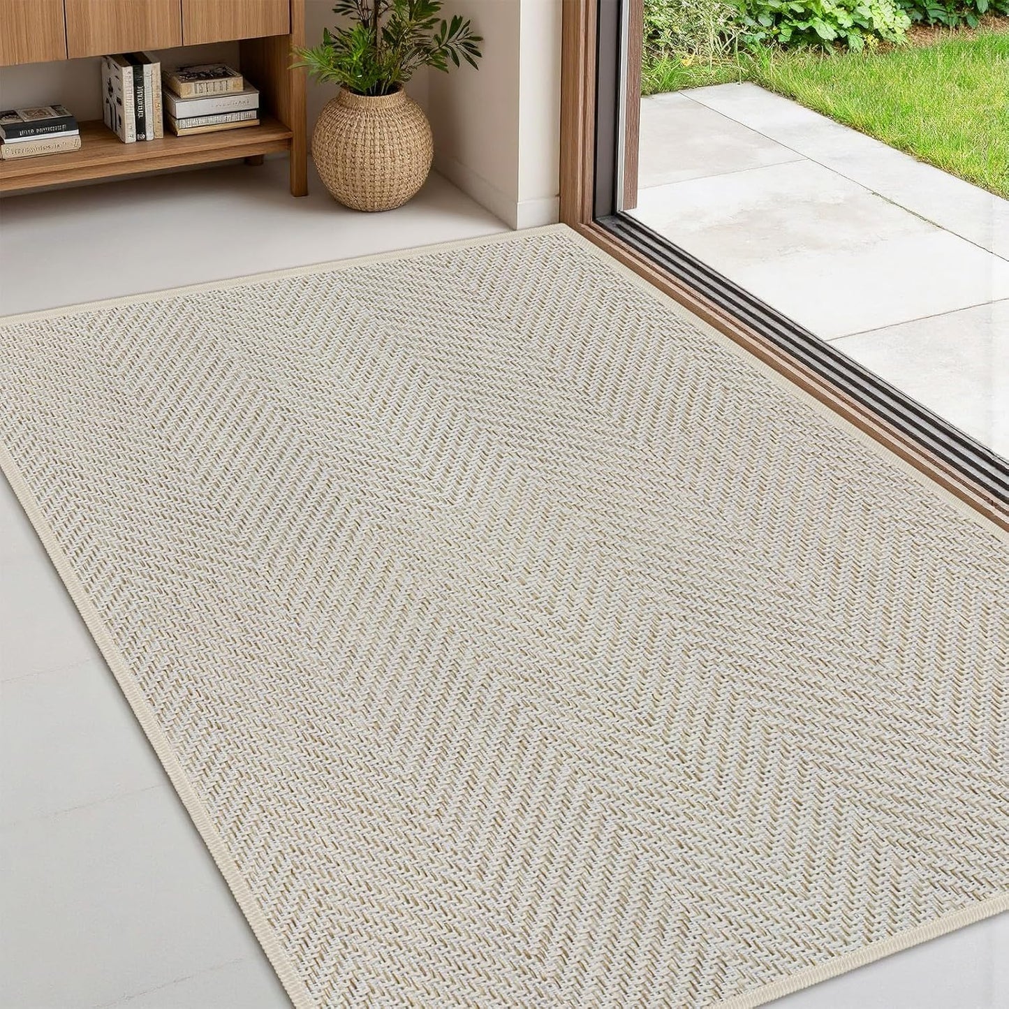 Ultra Thin Indoor Door Mat 24"x36", Washable Door Mat Indoor Entrance, Non Slip Rubber Backing Doormat Low-Profile Inside Entryway Mat, Unique Herringbone Design Entry Mat, Khaki (FOLD)