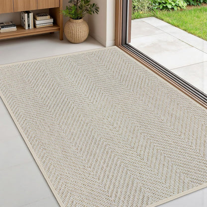 Ultra Thin Indoor Door Mat 24"x36", Washable Door Mat Indoor Entrance, Non Slip Rubber Backing Doormat Low-Profile Inside Entryway Mat, Unique Herringbone Design Entry Mat, Khaki (FOLD)