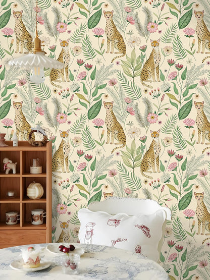 Floralplus Peel and Stick Wallpaper Leopard Jungle Removable Wallpaper for Bathroom Renter Friendly Wallpapers Self Adhesive Animal Floral Contact Paper for Accent Wall 17.5 x 118 in