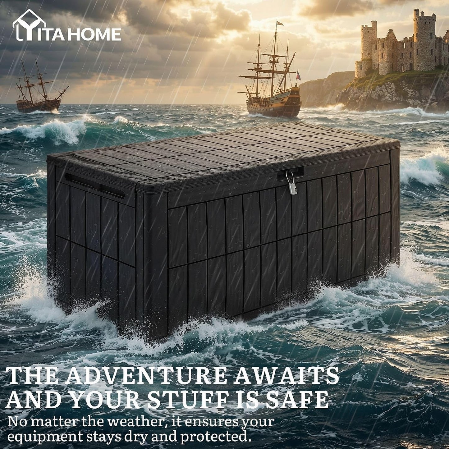 YITAHOME 134 Gallon Large Deck Box | Waterproof Resin Outdoor Storage Box with Lock, Doubles as 2-Person Bench Seating for Patio Furniture Cushions,Garden Tools &