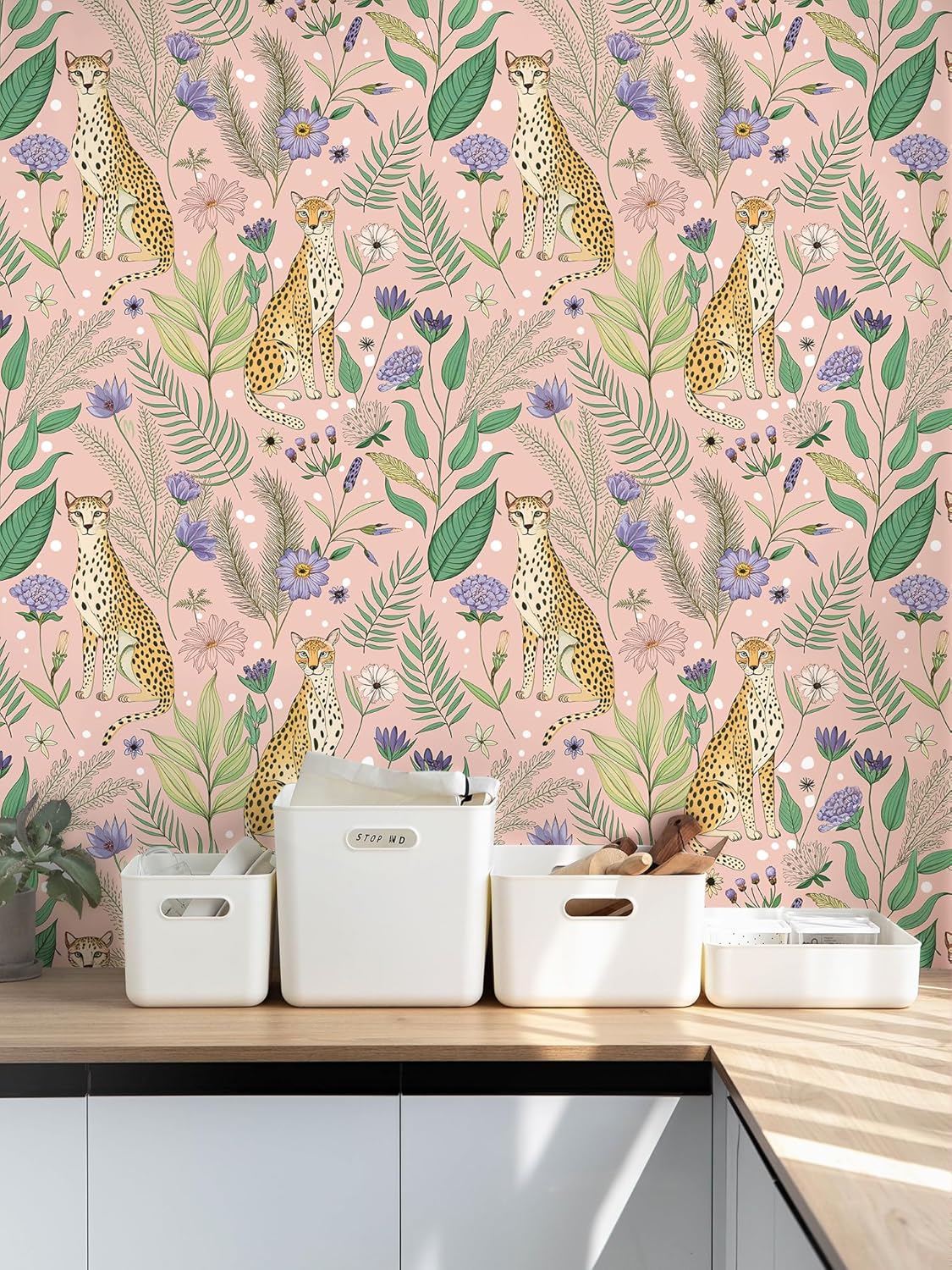 Floralplus Peel and Stick Wallpaper Leopard Jungle Removable Wallpaper for Bathroom Renter Friendly Wallpapers Self Adhesive Animal Floral Contact Paper for Accent Wall 17.5 x 118 in