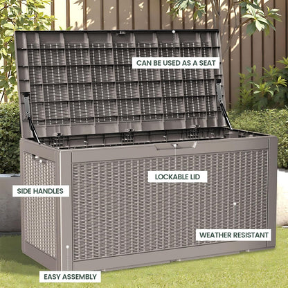 100 Gallon Storage Box, Waterproof Resin Deck Box with Hydraulic Piston Design, Lockable Storage Bench for Package Delivery, Storage Bin for Patio Cushions, Garden Tools, Black