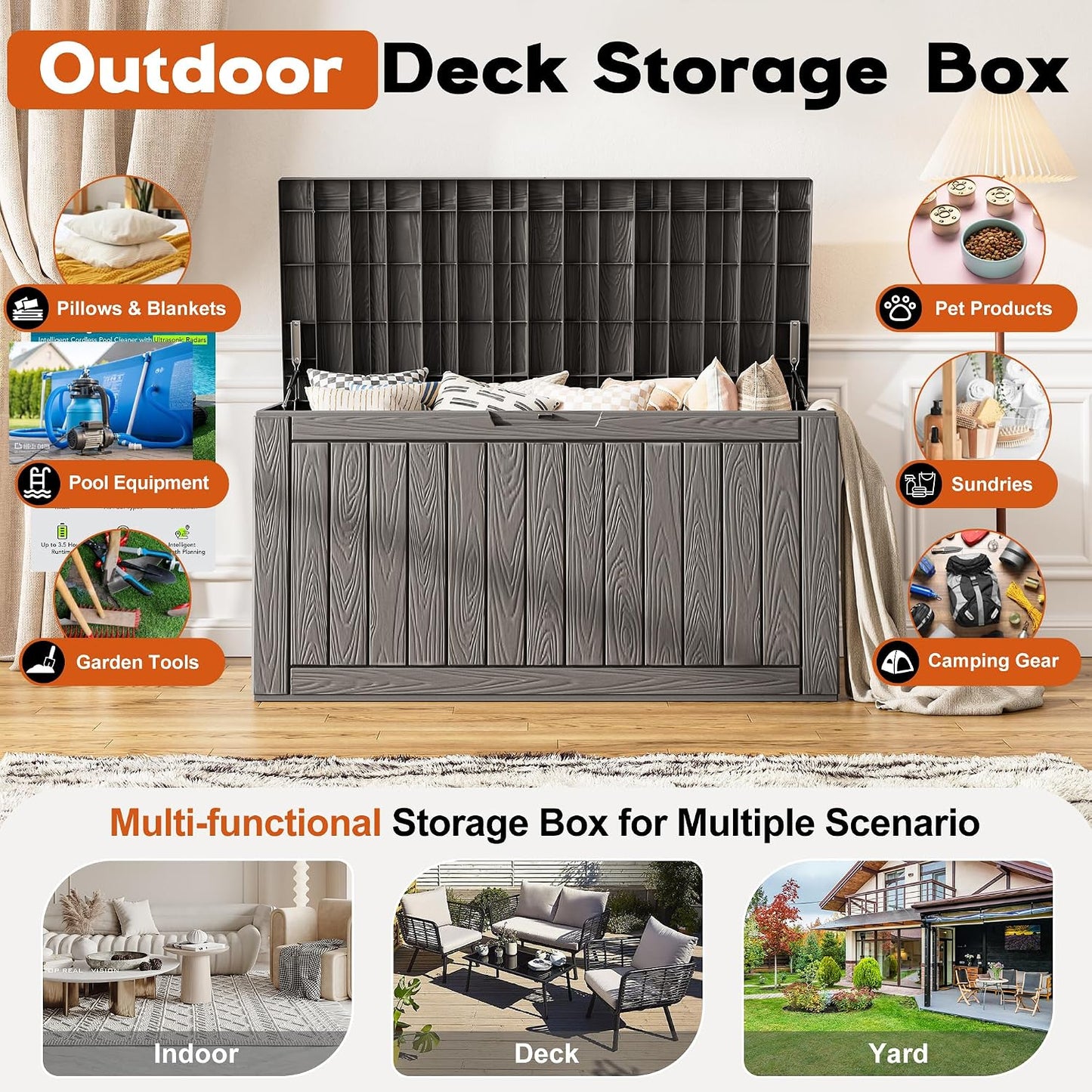 Outdoor Deck Storage Box,Resin Deck Boxes Indoor and outdoor, Waterproof Storage Box Lockable Lid (Black,50 Gallon)