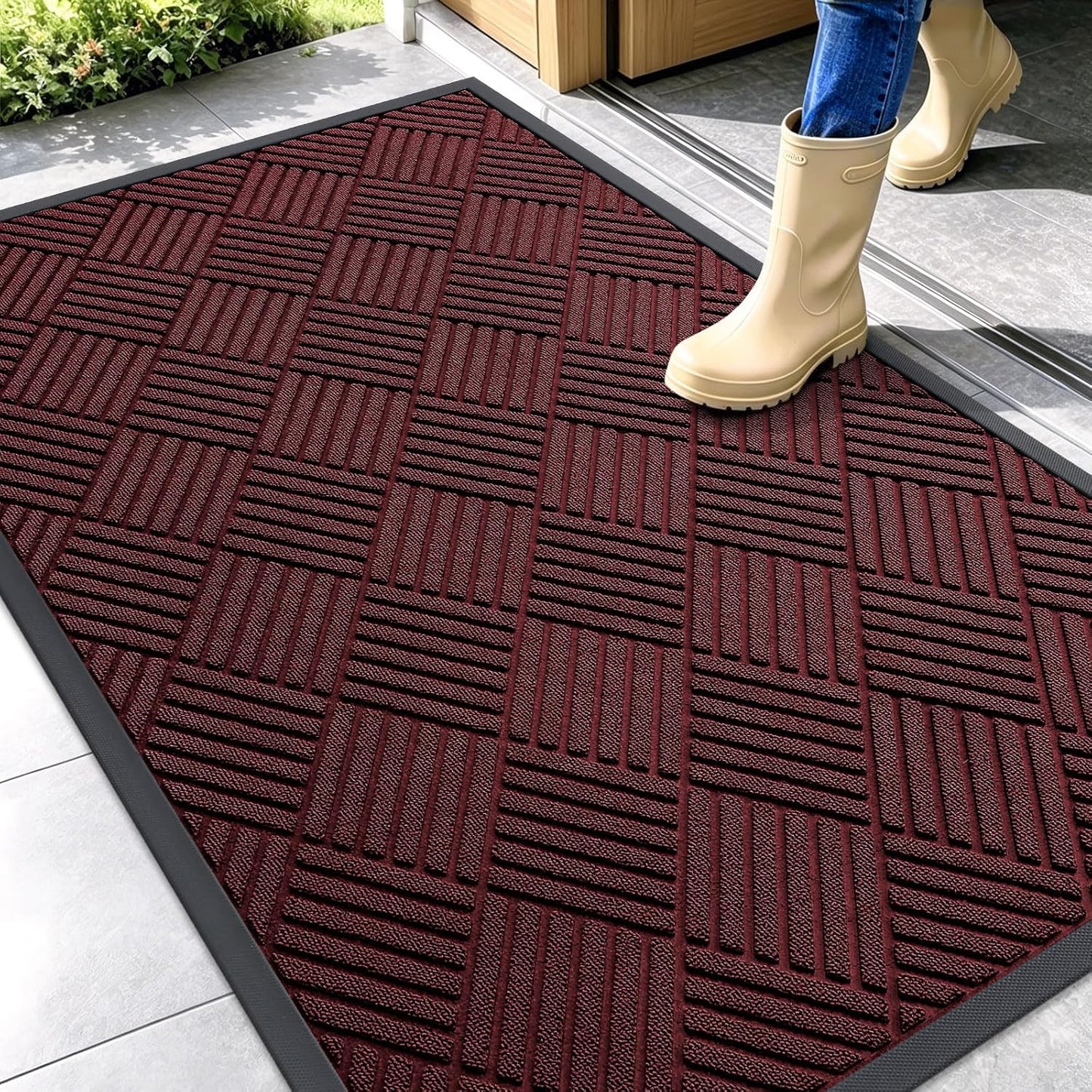 OLANLY Front Door Mat Outside Entrance 29.5x17, Absorbent, Heavy Duty Sturdy Natural Rubber Doormat Indoor Outdoor, Stain and Fade Resistant, Non-Slip Low Profile Floor Mat for Entryway, Grey Diamond