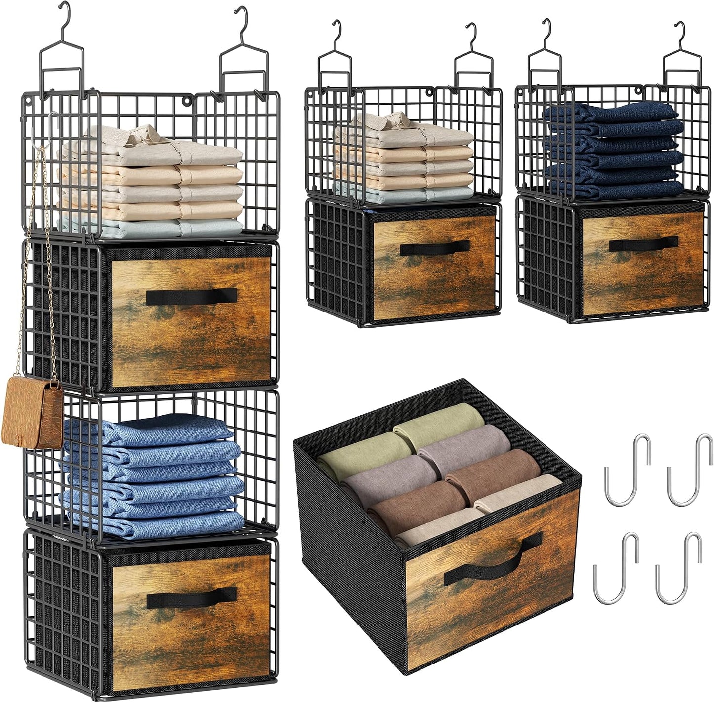 Hanging Closet Organizer, 4 Tier Metal Closet Organizers and Storage with 4 Hanging Hooks 4 S-Hooks for Wardrobe Laundry Room, Wire Storage Shelf for Clothes Sweaters Pants (White)