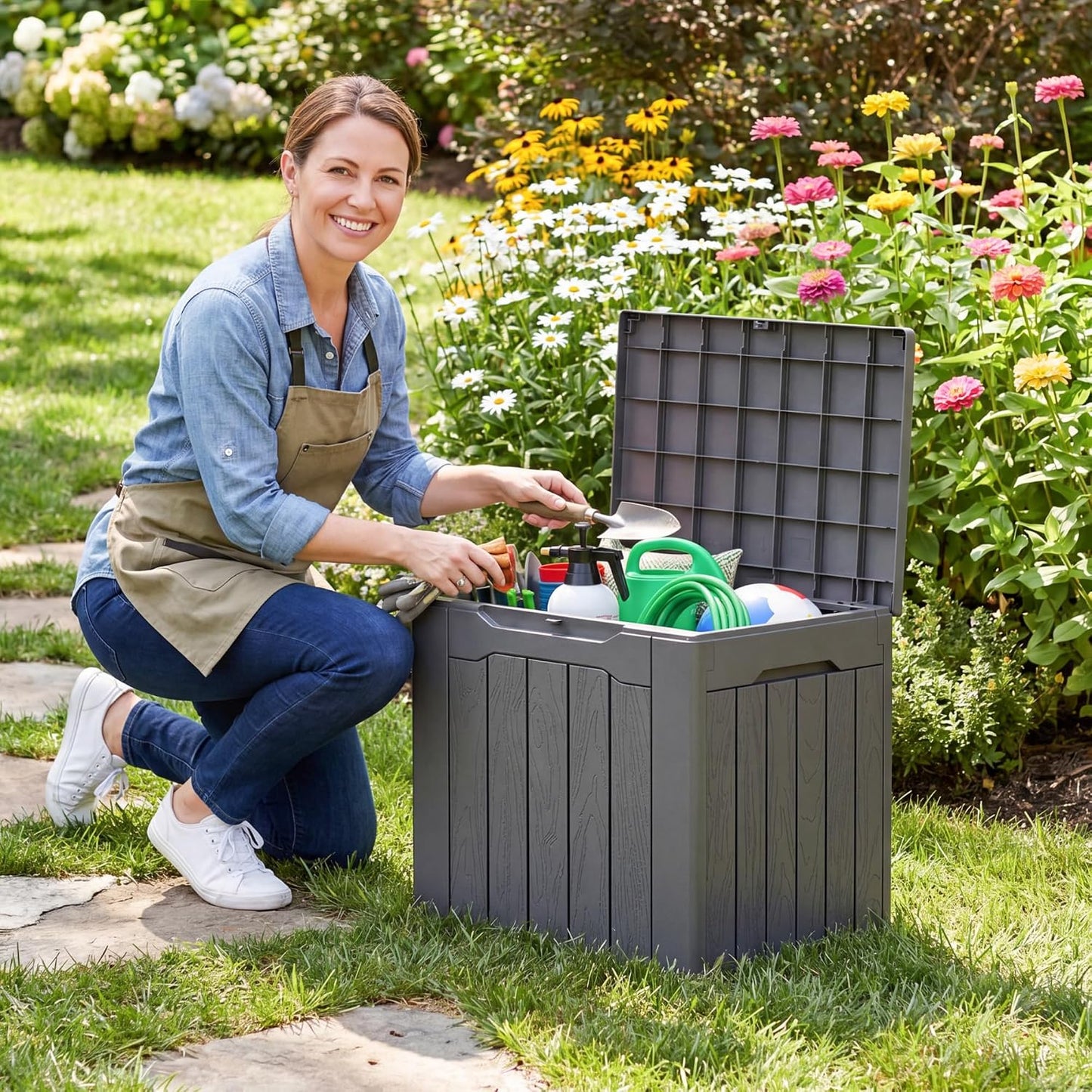Flamaker Resin Deck Box 120 Gallon Waterproof Large Outdoor Indoor Storage Box Imitation Wood Resin for Patio Furniture Garden Tools and Pool (Black)