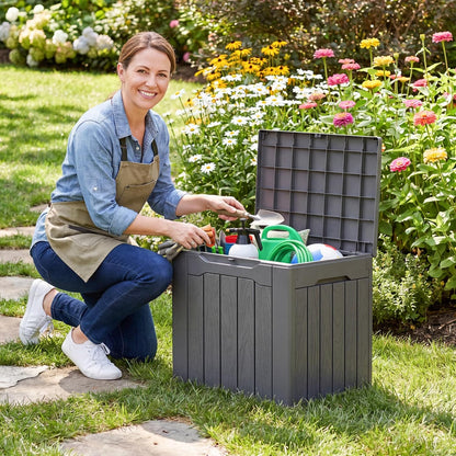 Flamaker Resin Deck Box 120 Gallon Waterproof Large Outdoor Indoor Storage Box Imitation Wood Resin for Patio Furniture Garden Tools and Pool (Black)