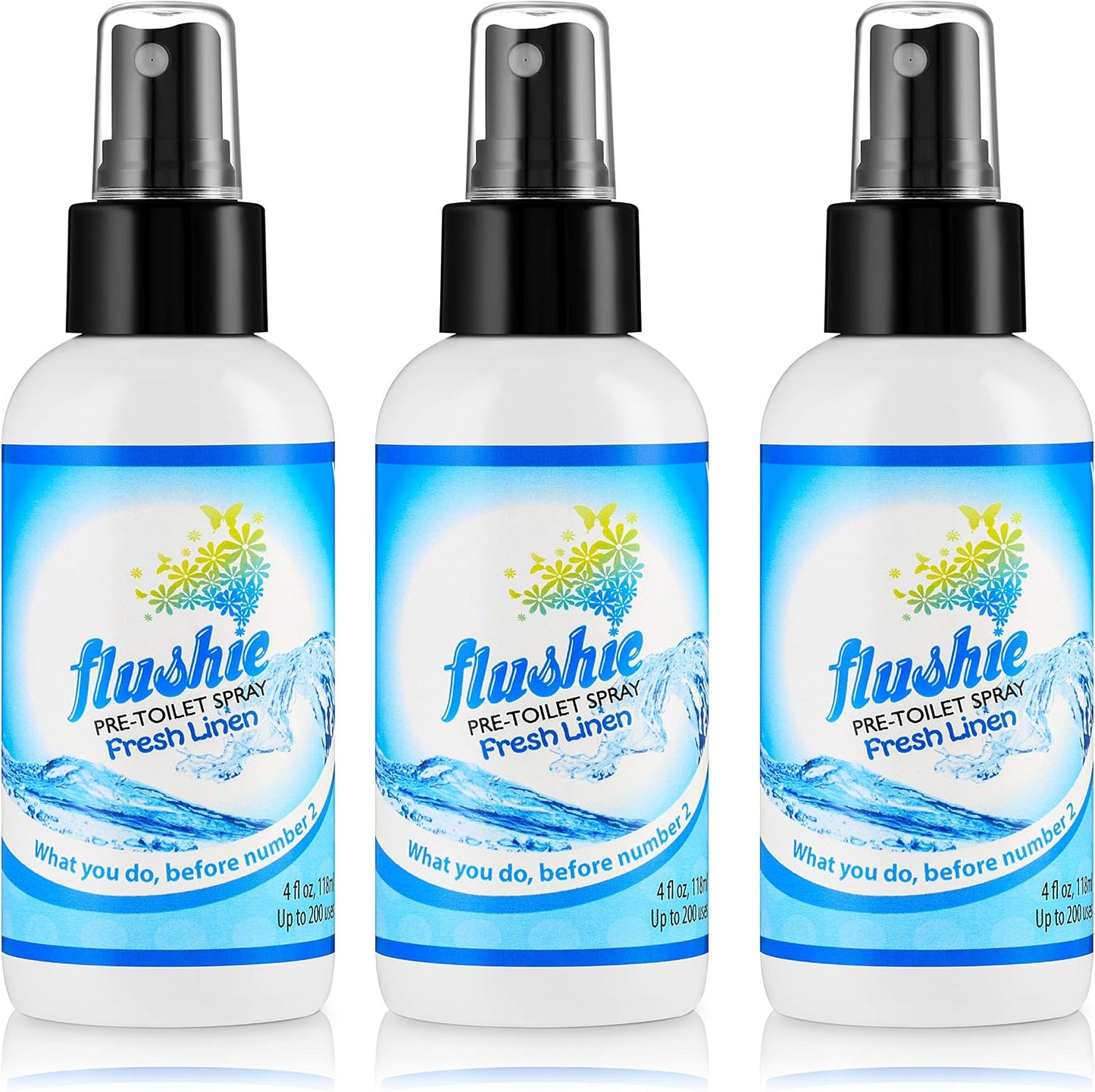 Flushie Pre-Toilet Spray Travel Size Toiletries Bathroom Spray for Toilet Deodorizer Traveling Essentials - Poop Odor Eliminator (Linen, 1oz 3pack)
