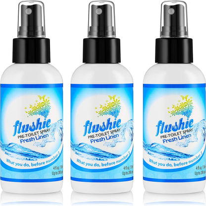 Flushie Pre-Toilet Spray Travel Size Toiletries Bathroom Spray for Toilet Deodorizer Traveling Essentials - Poop Odor Eliminator (Linen, 1oz 3pack)