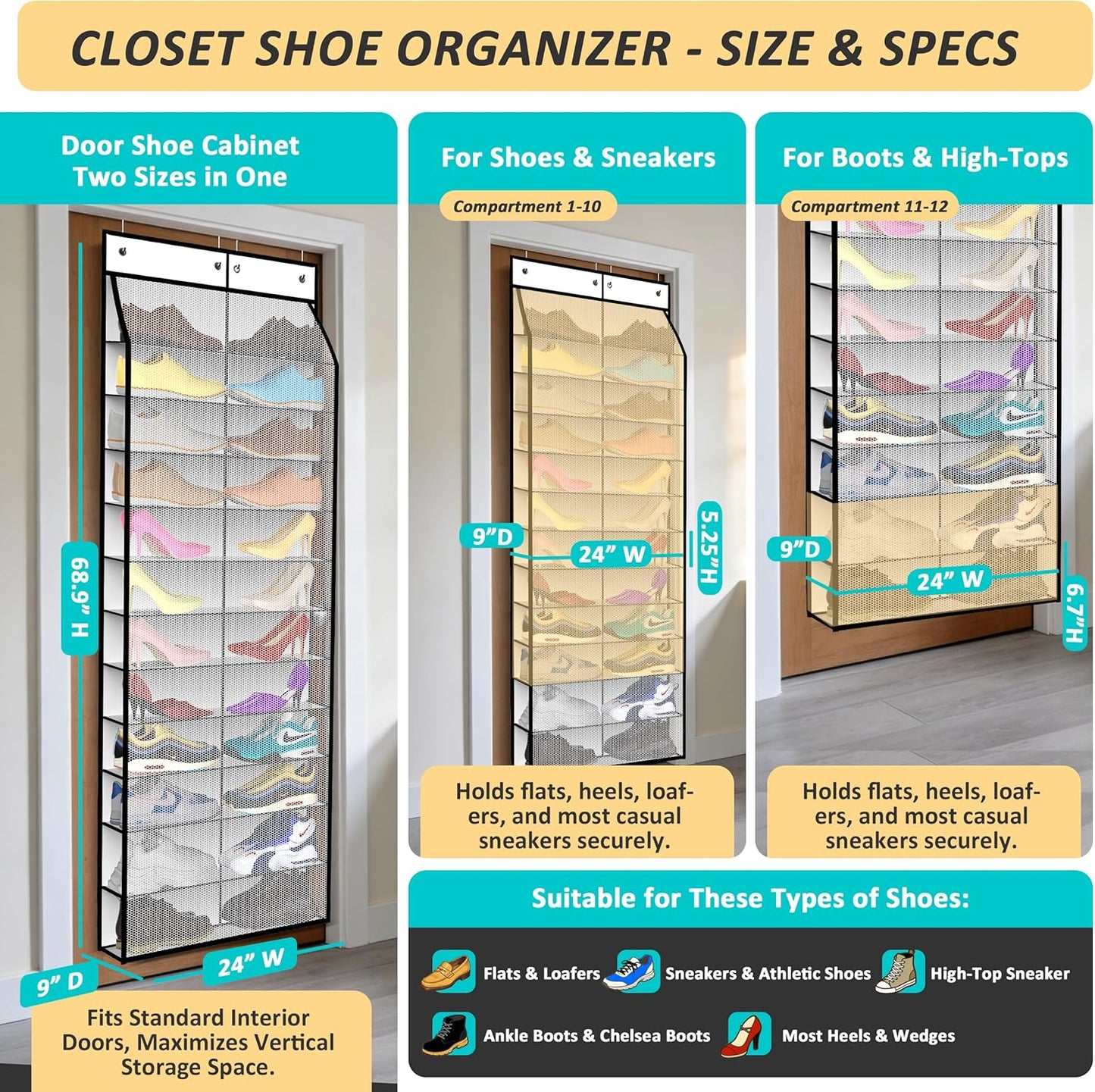 Kotkn 24-Pair Over Door Shoe Organizer for Family & Kids, Double Sided | Hanging Storage for Sneakers, Boots, Toys & Room Organization-Graphite Gray