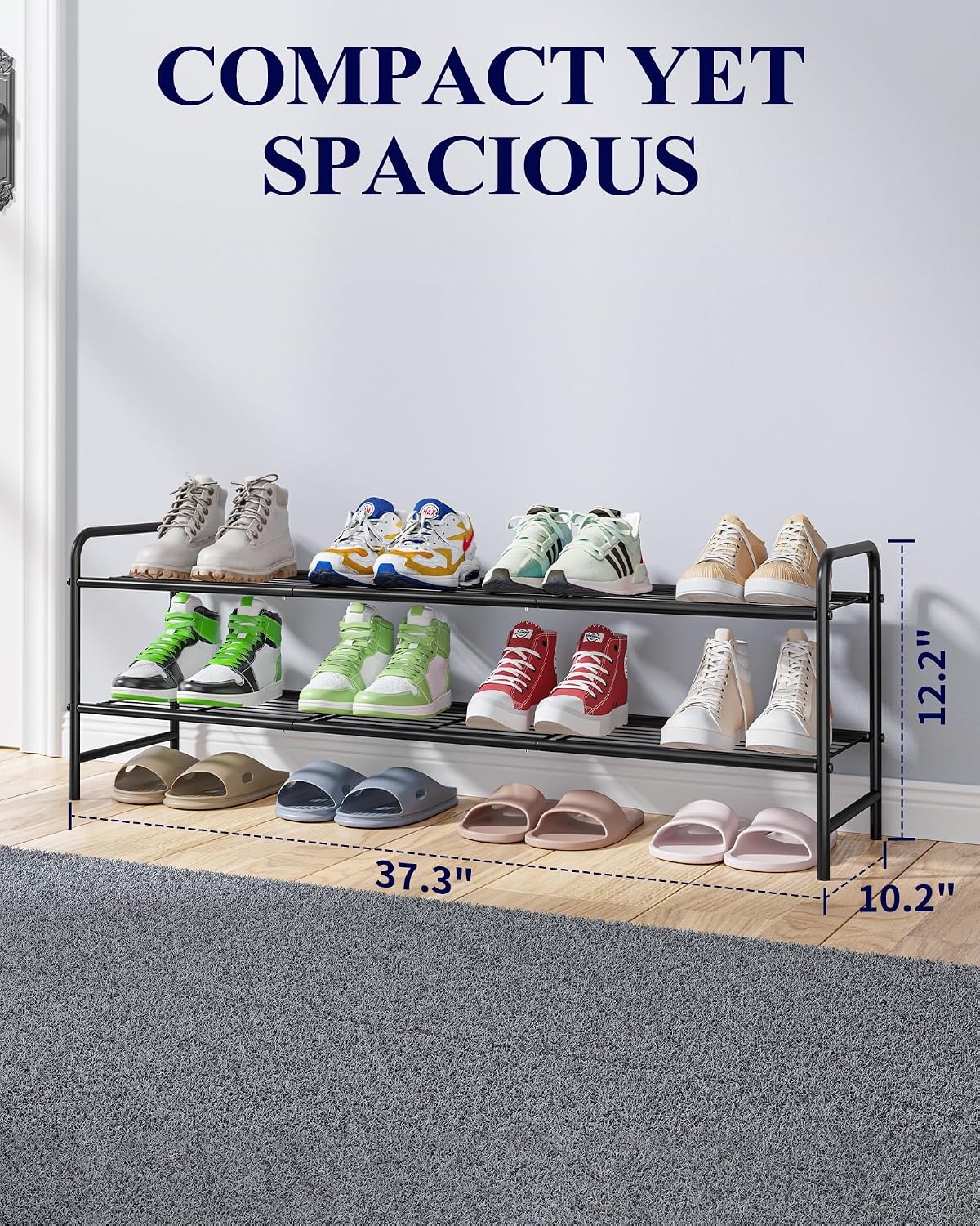 Kitsure Shoe Rack - Stainless Steel Shoe Organizer, Sturdy Shoe Rack for Closet and Front Door Entrance, Free Standing Shoe Shelf, Closet Organizers and Storage, 25.6" Wide - 3 Tier, Black