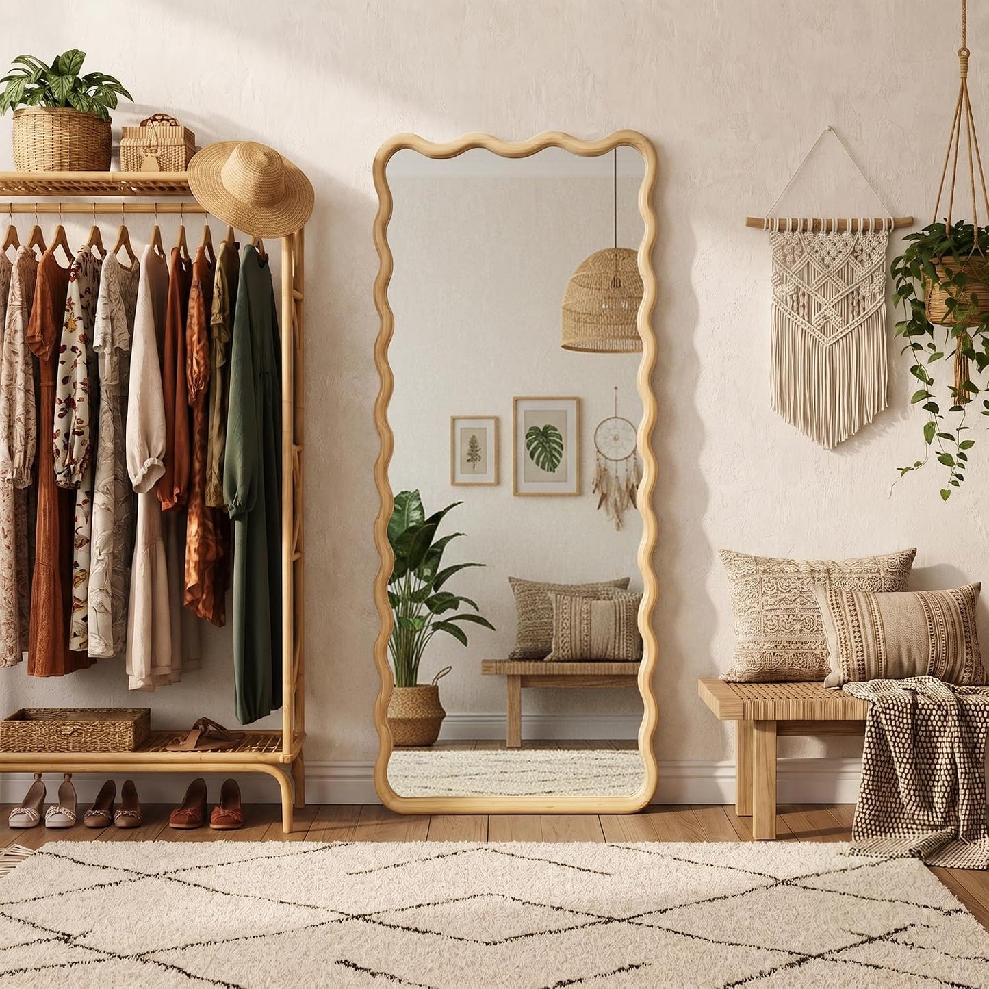 Full Length Mirror, 55"x28" Boho Wavy Wood Floor Mirror, for Bathroom, Bedroom, Living Room, Cloakroom, Entryway
