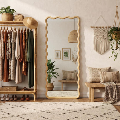 Full Length Mirror, 55"x28" Boho Wavy Wood Floor Mirror, for Bathroom, Bedroom, Living Room, Cloakroom, Entryway