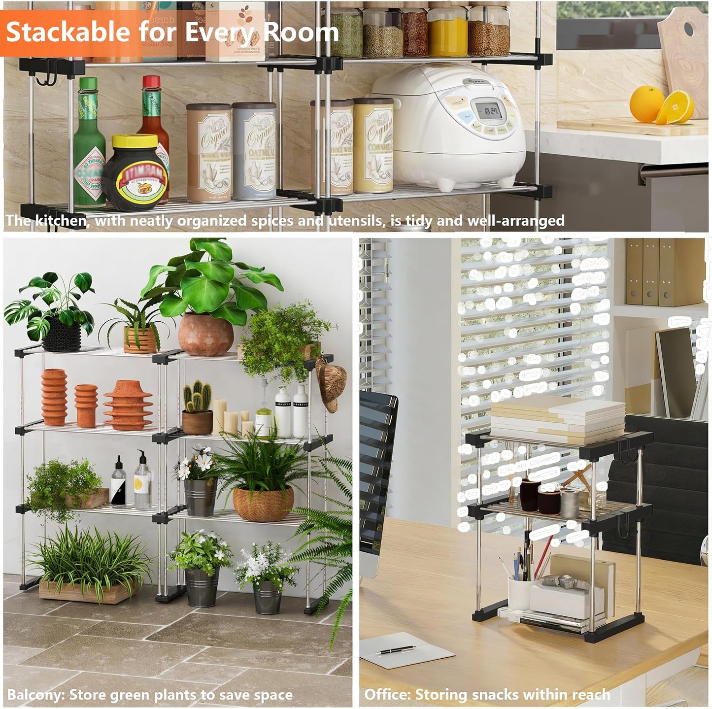 BLULEE Expandable Under Sink Organizer, 2-Tier Adjustable Storage Shelf | Heavy-Duty Stainless Steel Cabinet Rack for Kitchen Pantry & Bathroom Vanity, Stackable Organization System