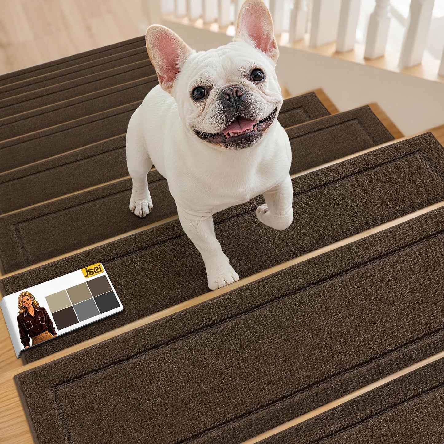 JSEI Stair Treads for Wooden Steps Indoor, 15-Pack Non Slip Stair Treads 30" x 8", Washable Polyester Stair Mats with TPE Backing, Low Profile Stair Rugs for Kids, Seniors and Dogs, Brown
