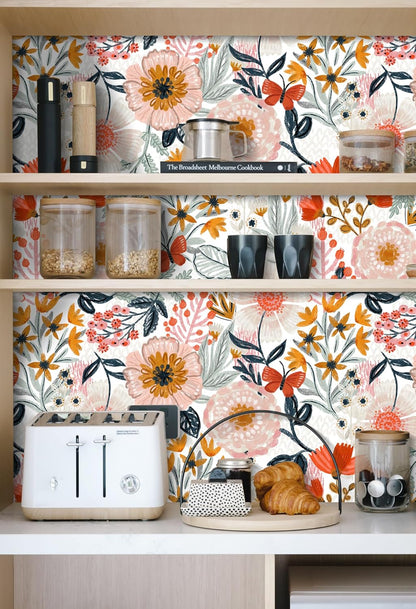 HAOKHOME Boho Peel and Stick Wallpaper Floral Wall Paper Removable for Bedroom Navy/Pink/Orange Contact Paper 17.7in x 9.8ft