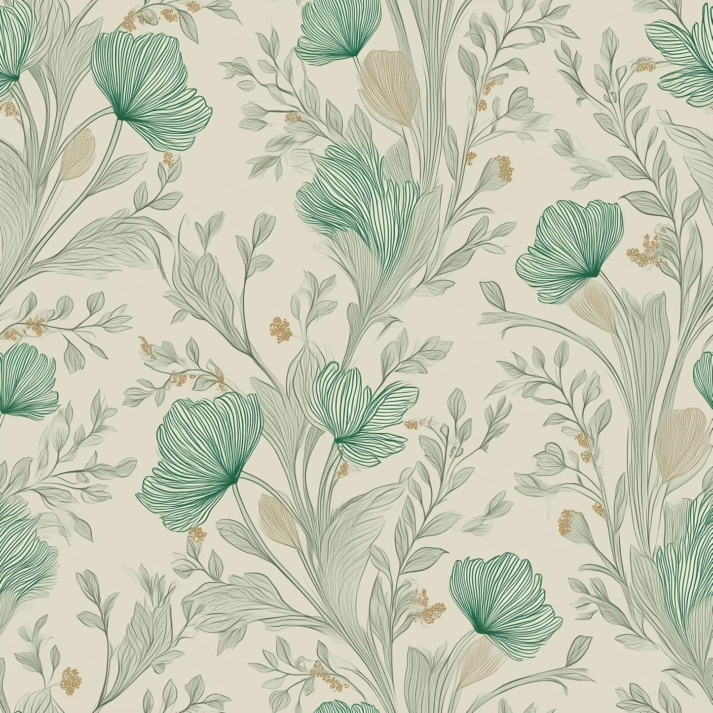 Peel and Stick Wallpaper, Self - Adhesive Removable Light Beige with Green Flowers Pattern, PVC Contact Paper for Bedroom/Living Room/Kitchen/Bathroom/Cabinet, Renter Friendly, 17.7inx118in