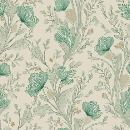 Peel and Stick Wallpaper, Self - Adhesive Removable Light Beige with Green Flowers Pattern, PVC Contact Paper for Bedroom/Living Room/Kitchen/Bathroom/Cabinet, Renter Friendly, 17.7inx118in