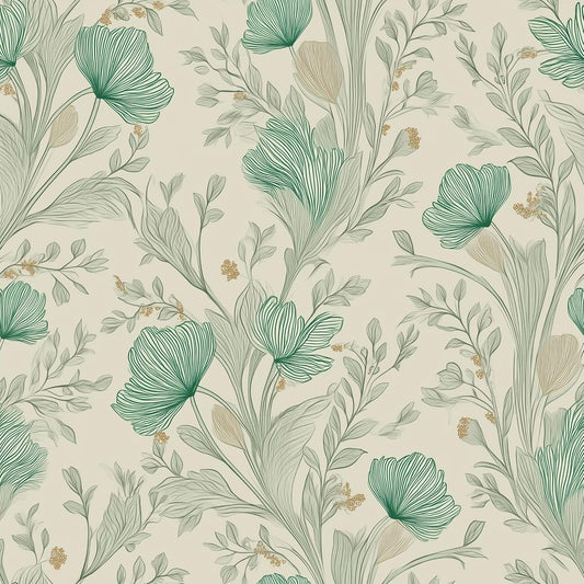 Peel and Stick Wallpaper, Self - Adhesive Removable Light Beige with Green Flowers Pattern, PVC Contact Paper for Bedroom/Living Room/Kitchen/Bathroom/Cabinet, Renter Friendly, 17.7inx118in
