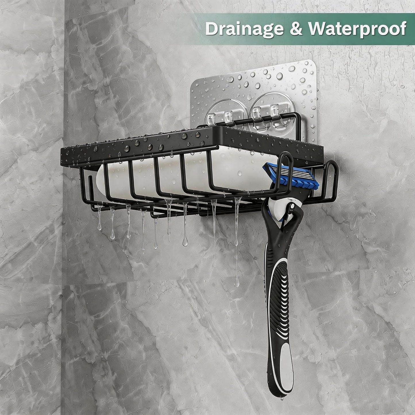 Adhesive Soap Bar Holder for Shower Wall, Self Draining Soap Dish Container Caddy Saver with 2 Hooks for Razor Loofah, Shampoo Sponge Tray Case Box for Bathroom Kitchen Sink, Black