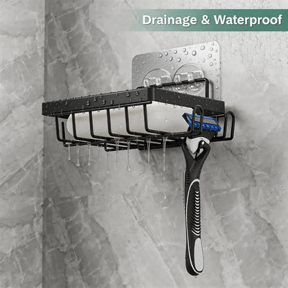 Adhesive Soap Bar Holder for Shower Wall, Self Draining Soap Dish Container Caddy Saver with 2 Hooks for Razor Loofah, Shampoo Sponge Tray Case Box for Bathroom Kitchen Sink, Black