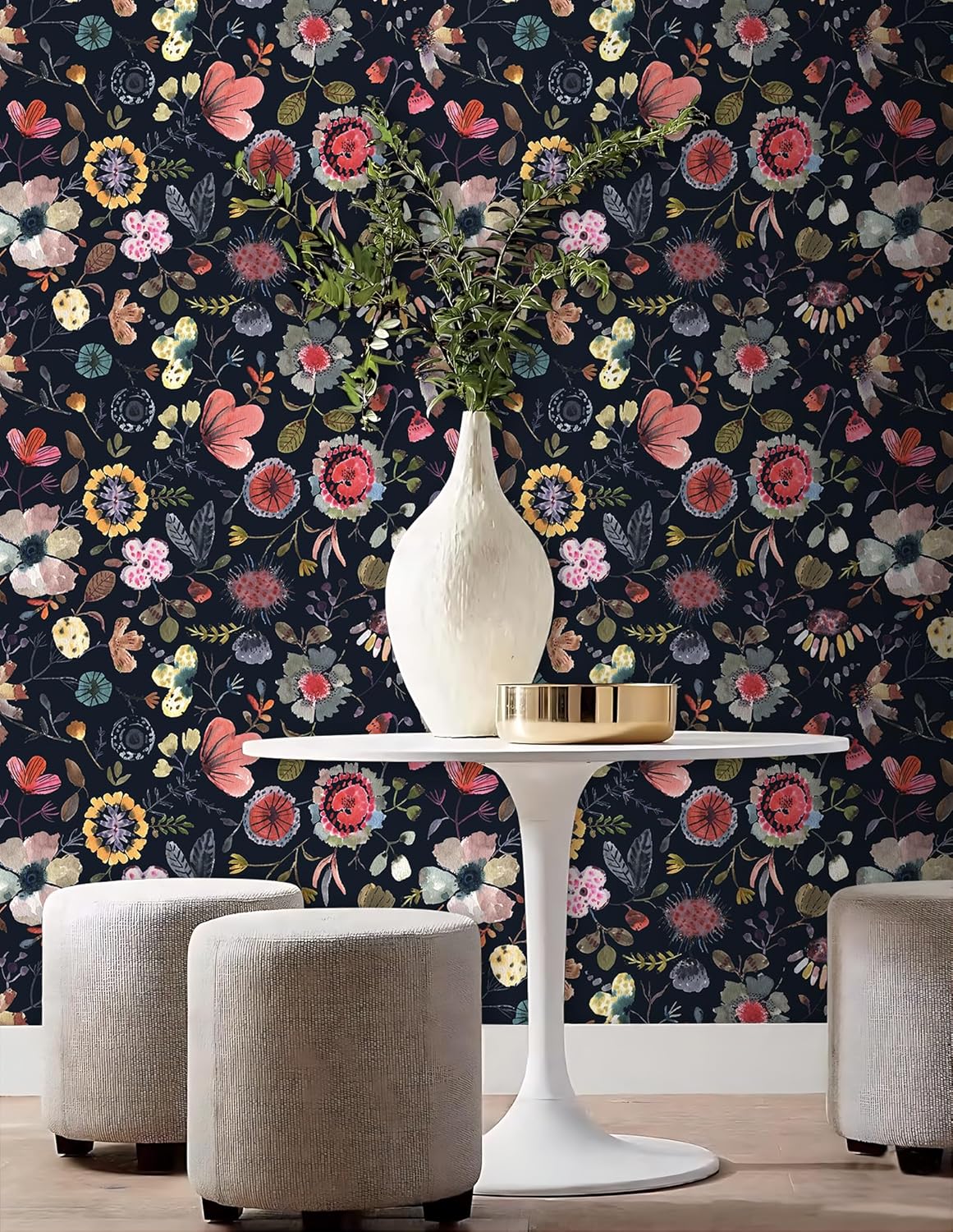Wallpaper Peel and Stick Floral Wall Paper Removable Waterproof Gray/Yellow/Blue Contact Paper for Bedroom, Bathroom, Home Wall 17.3" x 118"