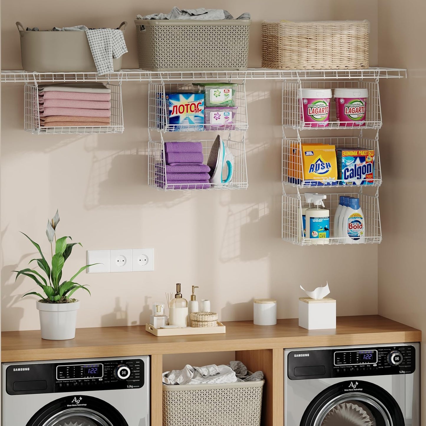 4-Tier Hanging Laundry Room Organizer: Foldable Wire Shelf Basket with 2 Large Hooks 1.65" & 360°Rotating Hooks – Space-Saving Laundry Storage Basket, for Wardrobe Closet Storage, White Patent