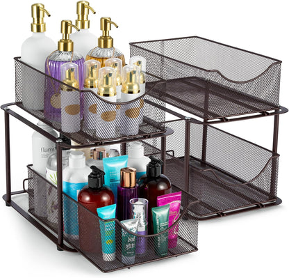 Sorbus 2 Tier Metal Under Sink Organizer for Bathroom, Kitchen, Strong Steel Mesh Sliding Drawers for Under Sink, Under Cabinet, Closet, Kitchen, Pantry, Bathroom Organizers and Storage (Black)