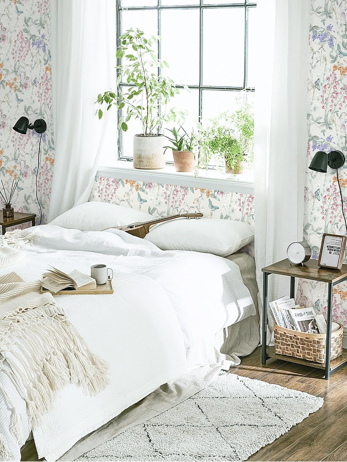 Dimoon 17.3''x78.7'' Vintage Peel and Stick Wallpaper Boho Beige Neutral Contact Paper White Floral Bird Wallpaper Removable Botanical Renter Friendly Modern Wall Paper Bedroom Bathroom Vinyl Roll