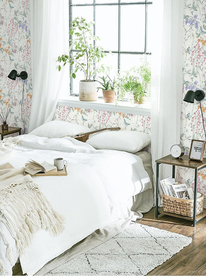 Dimoon 17.3''x78.7'' Vintage Peel and Stick Wallpaper Boho Beige Neutral Contact Paper White Floral Bird Wallpaper Removable Botanical Renter Friendly Modern Wall Paper Bedroom Bathroom Vinyl Roll