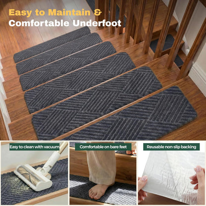MBIGM 8" X 30" (15 in Pack) Non-Slip Carpet Stair Treads Non-Skid Safety Rug Slip Resistant Indoor Runner for Kids Elders & Pets with Reusable Adhesive - Dark Gray Diamond Weave