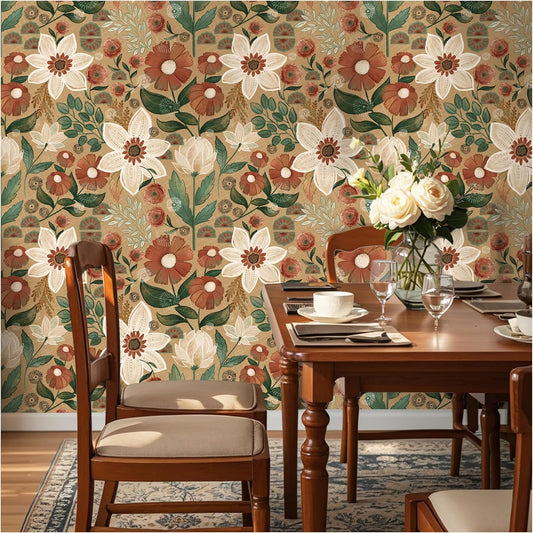 Floralplus Floral Wallpaper Peel and Stick Removable Vintage Floral Wallpaper for Bedroom Renter Friendly Boho Leaf Wallpapers Self Adhesive Contact Paper for Kitchen Cabinet 17.5 x 118 in