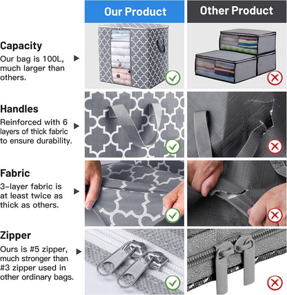 WISELIFE Storage Bags 3 Pack/100L Large Blanket Clothes Organization and Storage Containers for Comforters,Bedding, Foldable Organizer with Reinforced Handle, Clear Window, Sturdy Zippers,Gray