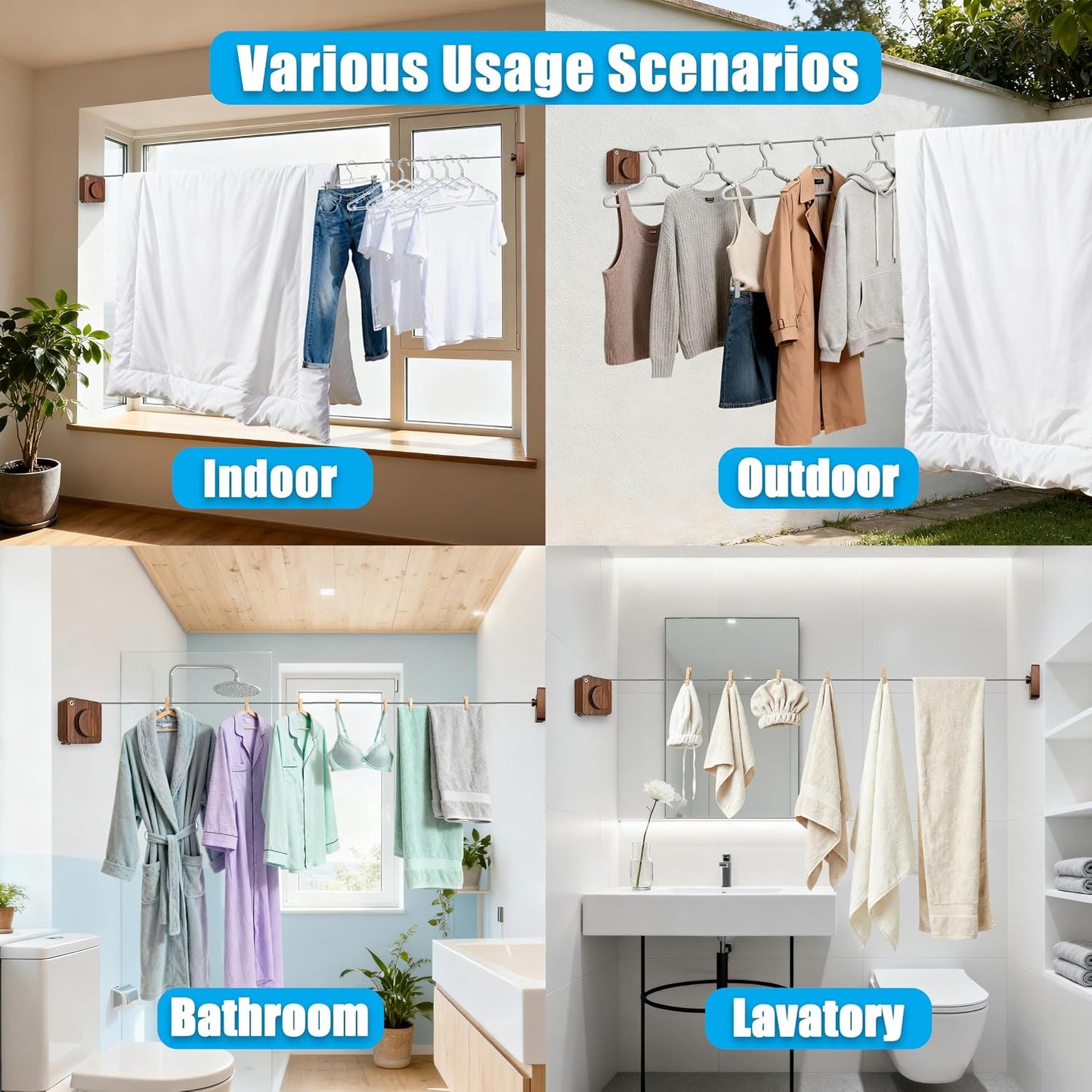 Retractable Clothesline Indoor & Outdoor, 16.2Ft Non-Sagging Stainless Steel Laundry Line with Wall Mounted Heavy Duty Design, Space-Saving Drying Rack for Bathroom, Balcony(1, White)