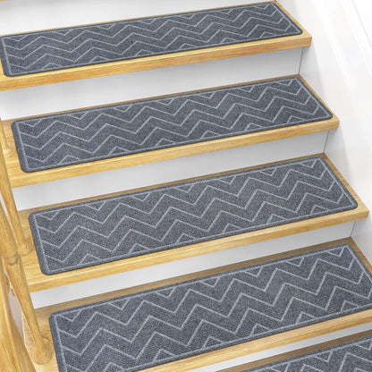 DK177 Stair Treads for Wooden Steps, 15 Pack 8"x30" Non-Slip Indoor Carpet Stair Treads with Reusable Polyester TPE Backing for Kids Elders and Pets (Dark Gray, 15PCS)