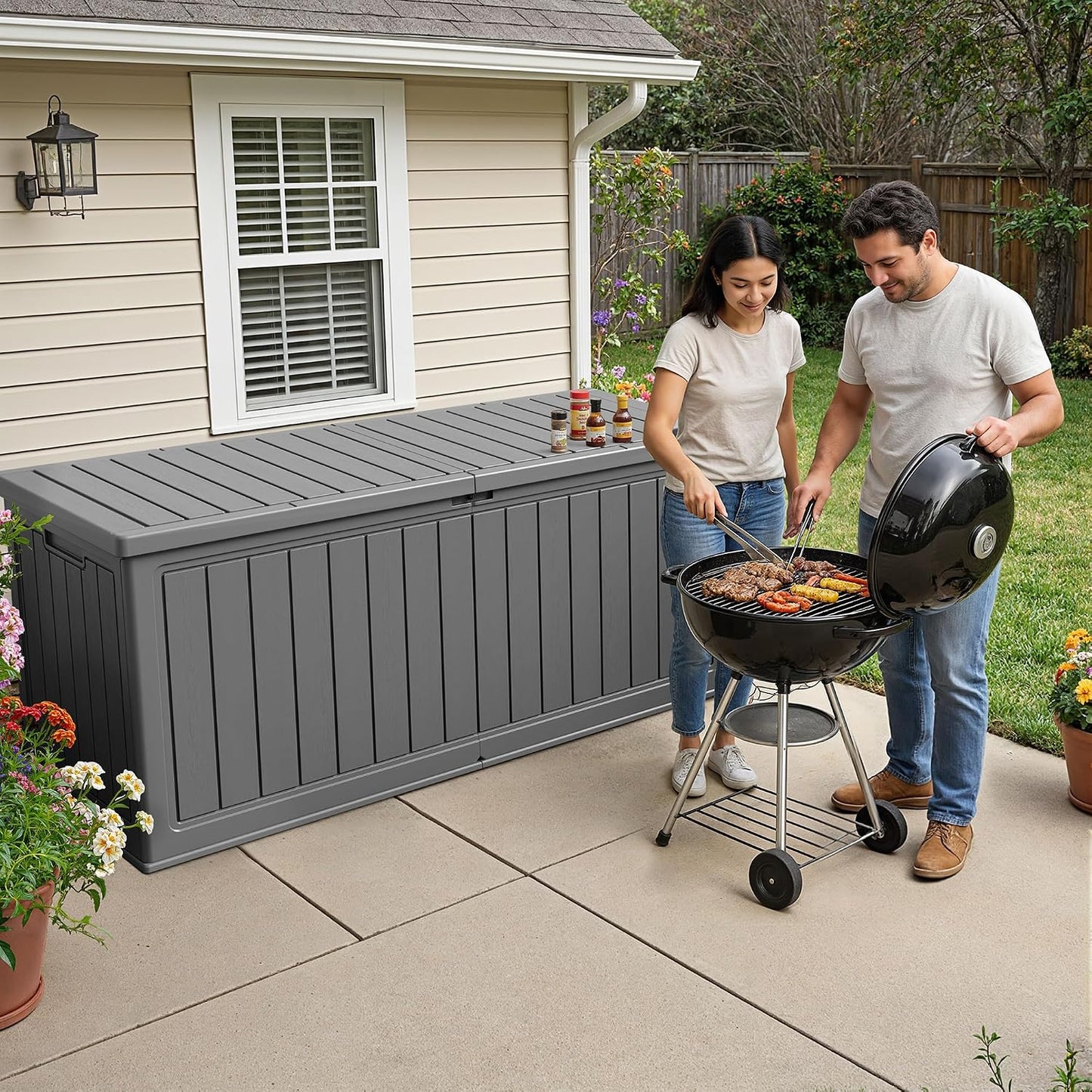 32 Gallon Deck Box Outdoor Indoor Waterproof Storage Box for Patio Furniture, Pool Accessories, Garden Tools, and Cushion Storage, Black