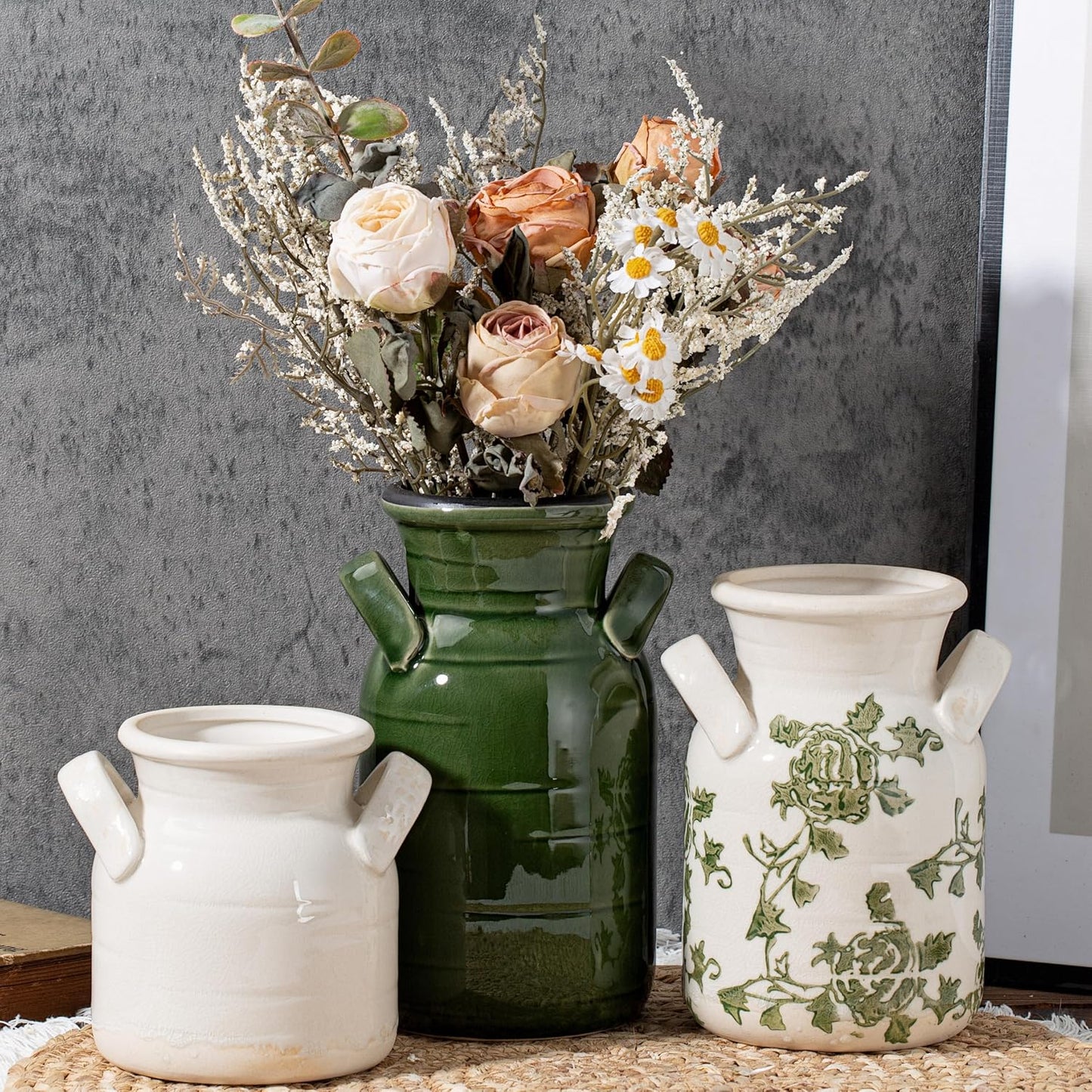 Ceramic Vase Set of 3 with Handles, Green White Neutral Rustic Modern Farmhouse Boho Decor, Versatile as Table Centerpiece or Mantel & Shelf Accent - Unique Home Gift Idea