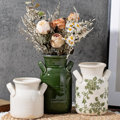 Ceramic Vase Set of 3 with Handles, Green White Neutral Rustic Modern Farmhouse Boho Decor, Versatile as Table Centerpiece or Mantel & Shelf Accent - Unique Home Gift Idea