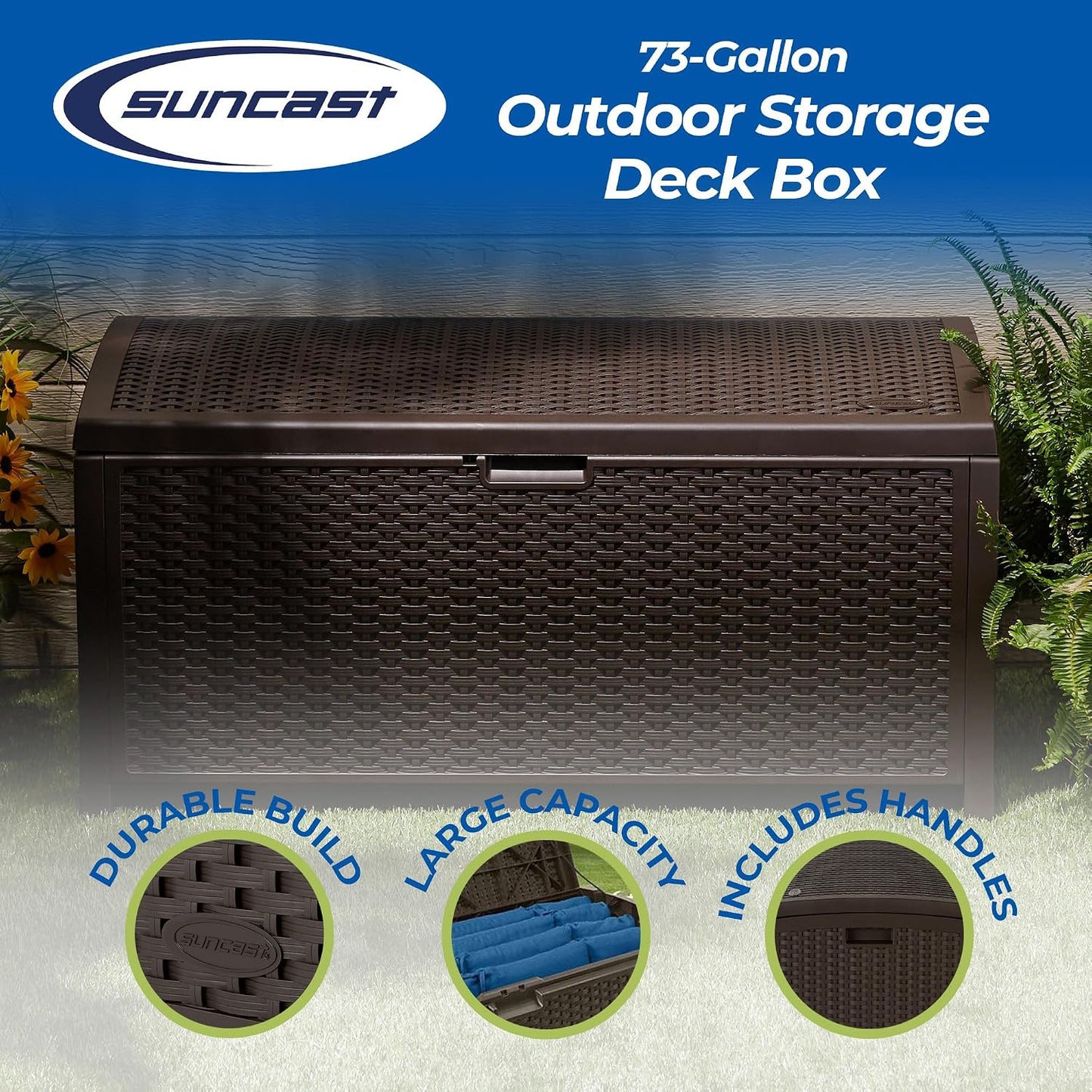 Suncast Outdoor Storage Box - 73 Gallon Mocha Brown Deck Box for Patio, weather-resistant Outdoor Storage Bench, Resin Wicker Style, Heavy-Duty, Lockable Lid for Cushions, Shoes, Pool & Garden Gear